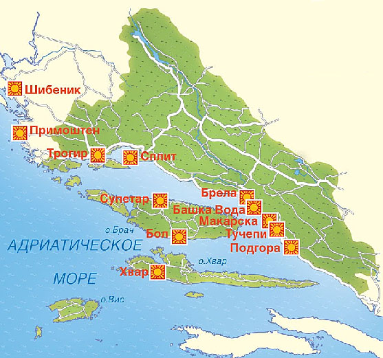 Карта городов Средней Далмации.
